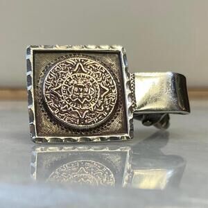 Old Pawn 10K & Sterling Silver Aztec / Mayan Sun Calendar Tie Clip Pre-Columbian